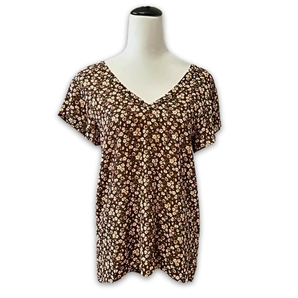Everleigh Tunic Top Short Sleeve V-Neckline Back Tie Open Floral Brown W XS NWT